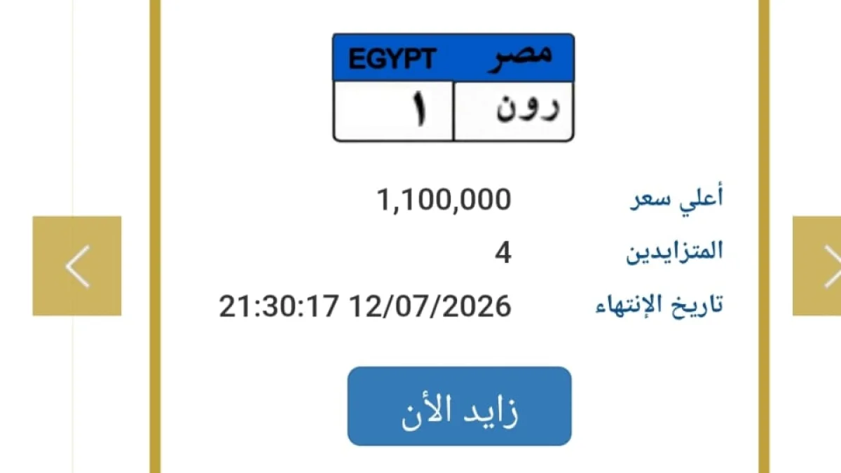 License Plate 'Ron 1' Surpasses One Million EGP in Auction Hours Before Closing