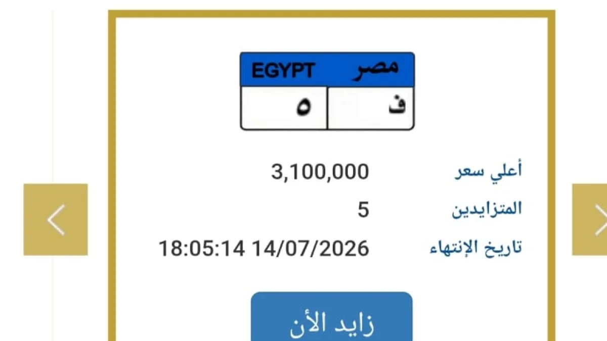 'F 5' Special License Plate Surpasses EGP 3.1 Million as Bidding Heats Up
