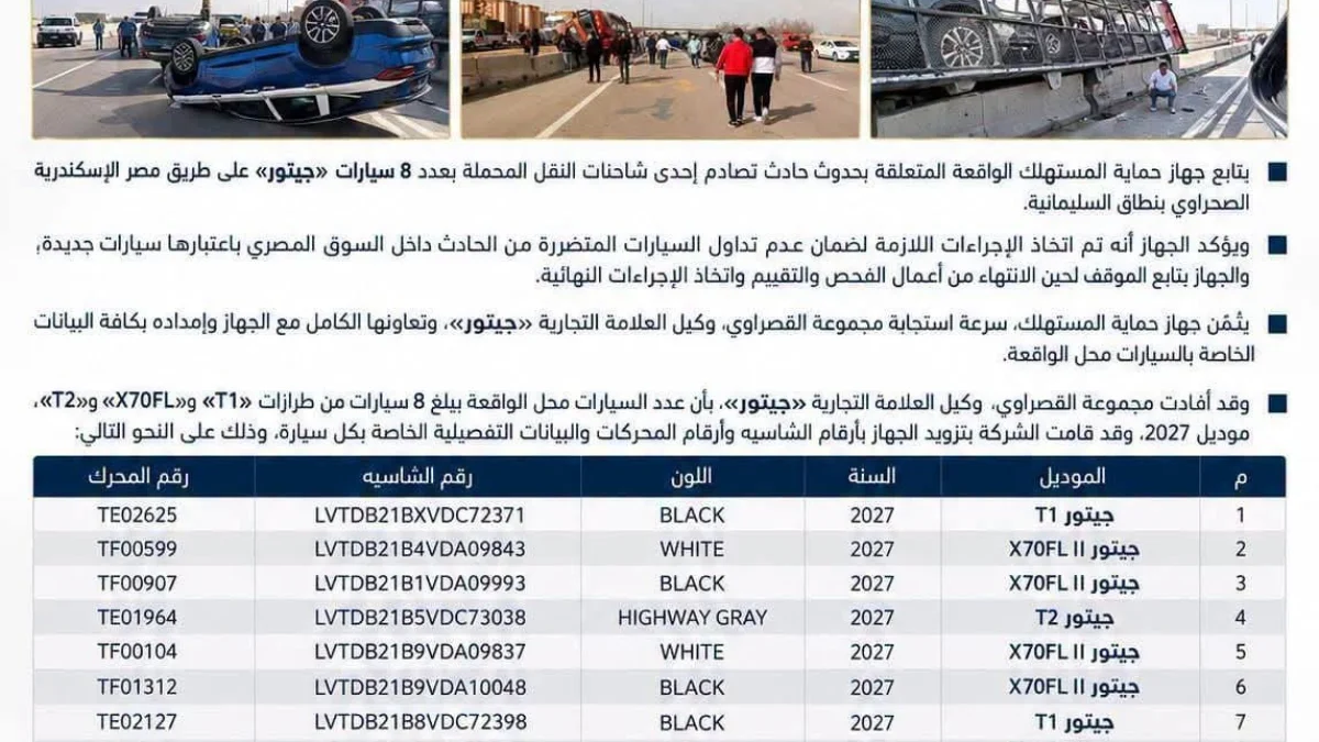 Egypt Consumer Protection Bans Sale of 8 New Jetour Cars Damaged in Truck Rollover on Cairo-Alexandria Desert Road