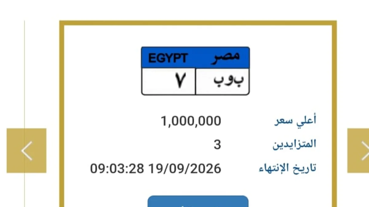 مليون جنيه في مزاد المرور.. لوحة «ب و ب7» تشعل المنافسة بين 3 متنافسين