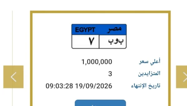 مليون جنيه في مزاد المرور.. لوحة «ب و ب7» تشعل المنافسة بين 3 متنافسين